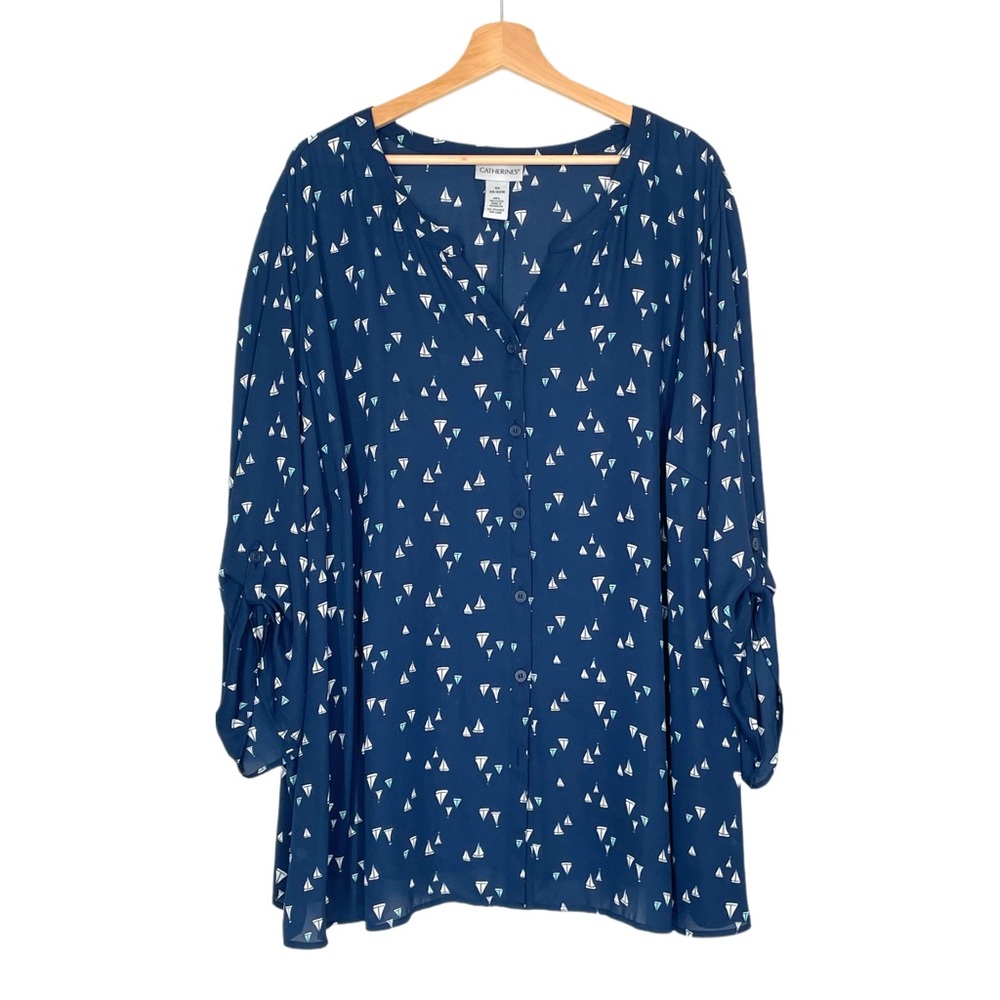 Catherines Navy Blue Blouse White Sailboats Roll-tab Sleeves Size 4X 30-32W